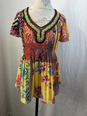 Melissa Paige Bohemian Multicolor Patchwork Tunic Top With Beaded V-Neck